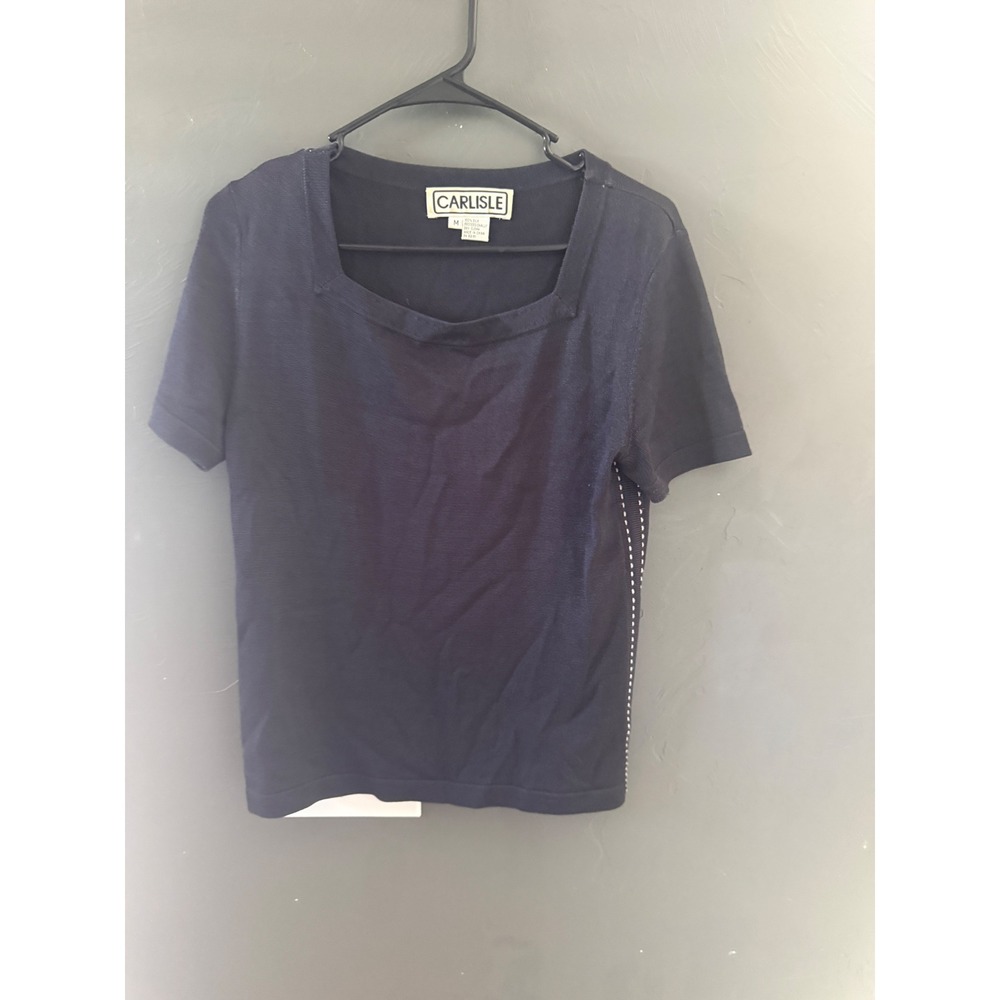 Carlisle Vintage Black Silk Blend Square Neck Short Sl Knit Top Side Stitch M